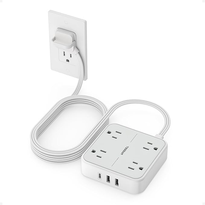 TESSAN Surge Protector Flat Extension Cord 10Ft, Ring Plug Power Strip with 4 Outlets 3 USB Ports (1 USB C), 900 Joules Protection, Multiple Wall Outlet Extender Suitable for Home Office Dorm, Grey