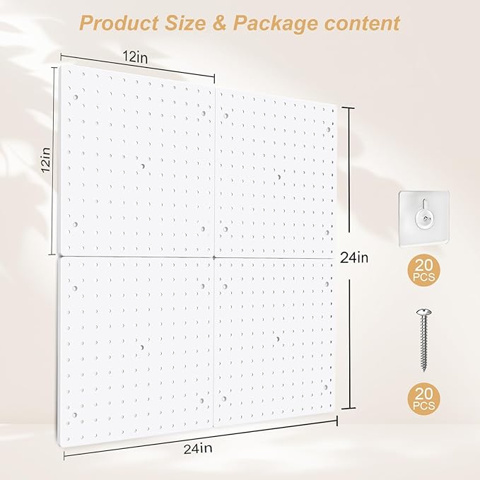 FZK Peg Board, 4 Pack Plastic Pegboard, Pegboard Wall Organizer, White ABS Pegboard, No Drilling Required, 12 * 12inch, Suitable for Craft Room, Office, Garage and Kitchen