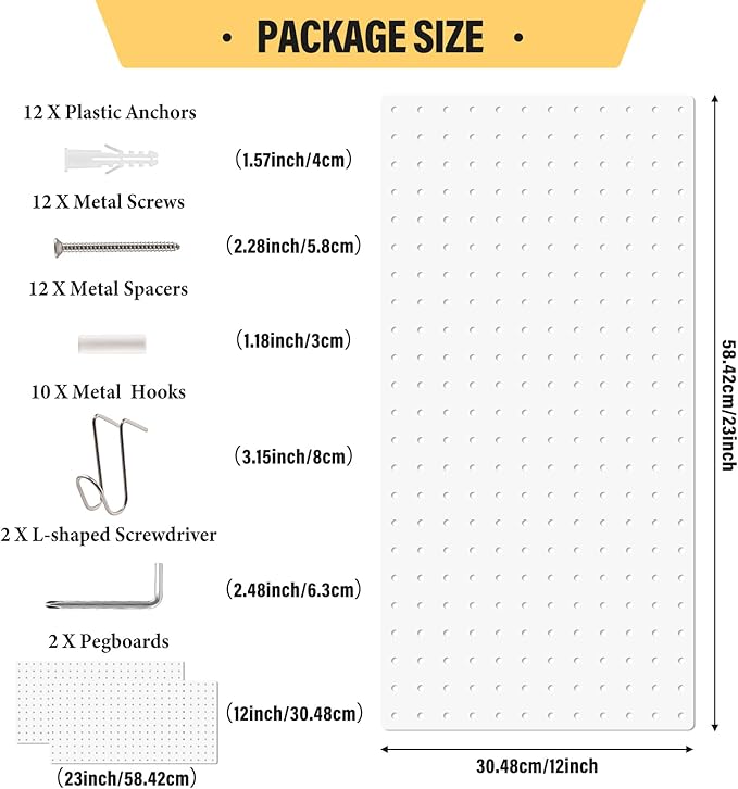 DEWEL Peg Board, 23" x 12" Peg Board Tool Organizer Panel Set, 2 Pack Metal Pegboard Panels with Accessories, Heavy Duty Pegboard for Walls Home, Garage, Office, Craft Room, Kitchen（2pcs white）