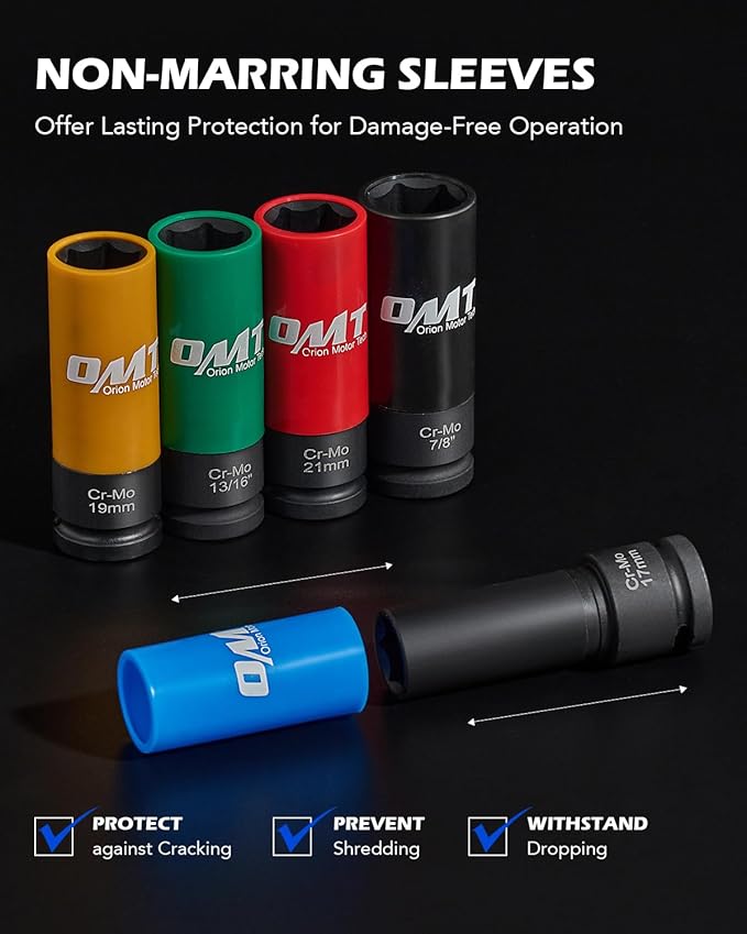 Orion Motor Tech 1/2" Drive Lug Nut Socket Set, Metric 17 19 21 mm & SAE 13/16 7/8 in. Wheel Socket Set, 5pc Impact Lug Nut Socket Set, Thin Wall Lug Nut Sockets with Colored Protective Covers