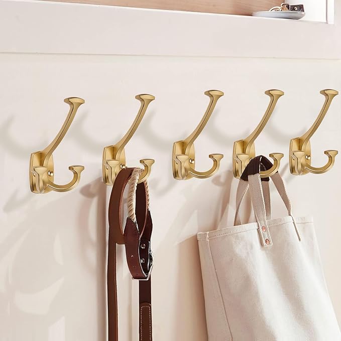 Large Wall Double-Sided Hook 5 Pack Brushed Gold Hook Decorative Heavy Duty Solid Large Coat Hooks for Towel Hanging Coats Robe Towel Bags Door Back 2 Prong Hooks