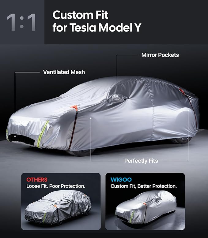 Wigoo Tesla Model Y Car Cover Accessories (2020–2026), Custom Fit All-Weather Outdoor, Waterproof UV Sun & Heat Protection, Ventilated Design, Windproof, Smooth Paint-Safe Lining, Charging Port Zipper