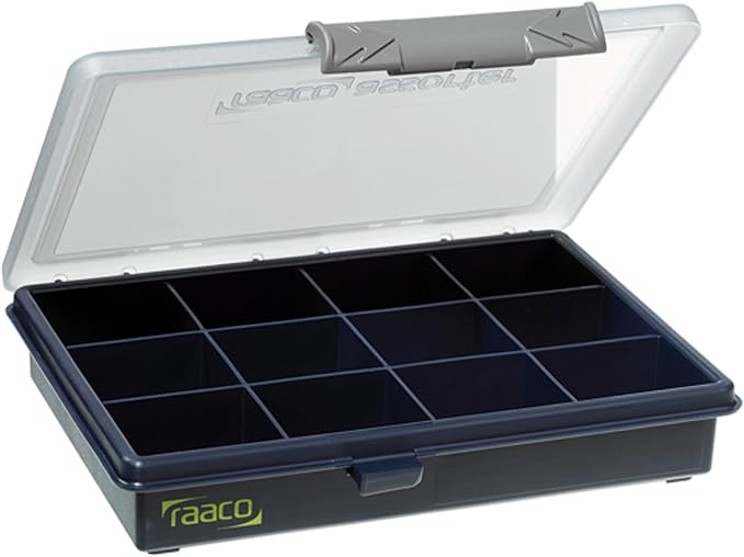 Raaco Assorter Tool Box Organizer – Compact – 12 Slots Fixed Grid with Semi-Transparent Lid, Polypropylene (PP) Storage Box for Screws, Nuts and Bolts, Small Parts & Hardware (Assorter 6-12)
