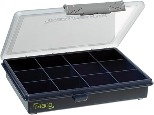 Raaco Assorter Tool Box Organizer – Compact – 12 Slots Fixed Grid with Semi-Transparent Lid, Polypropylene (PP) Storage Box for Screws, Nuts and Bolts, Small Parts & Hardware (Assorter 6-12)