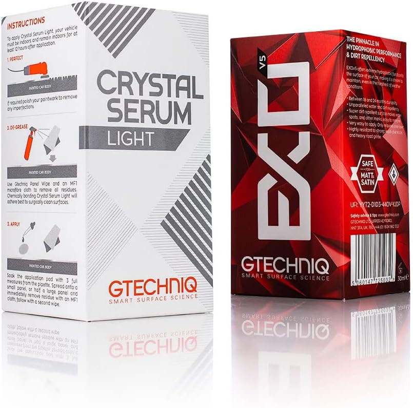 The Rag Company Gtechniq - EXOv5 & Crystal Serum Light Bundle - 30ml - Ceramic Coating Paint Protection Add Gloss, Resist Swirls, Repel Dirt & Contaminants - Ultra-Durable High Gloss