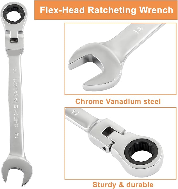 Piutouyar 14mm Flex-Head Ratcheting Wrench, Professional Metric Ratchet Wrench Combination Wrench Box Ended Spanner Tool for Projects Repair(5° Movement and 72 Teeth 12 Point, CR-V)
