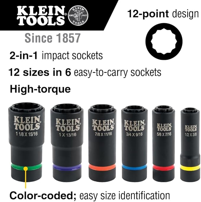 Klein Tools 66016 2-in-1 Impact Socket with 12-Point Deep Sockets, Coaxial Spring Loaded in 1-1/8 and 15/16-Inch Sizes