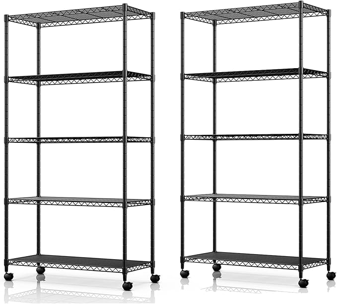 Simple Deluxe Heavy Duty 5-Shelf Storage Shelving Unit, 1250lbs Loading Capacity, 29.92" D x 13.98" W x 61.09" H, Black, 2 Pack