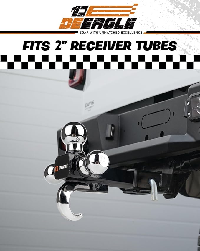 DEEAGLE 3 Ball Hitch with Hook, Tri Ball Hitch, 1-7/8", 2" and 2-5/16" Ball, Fit 2” Hitch Receiver, Heavy Duty Tow Hitch