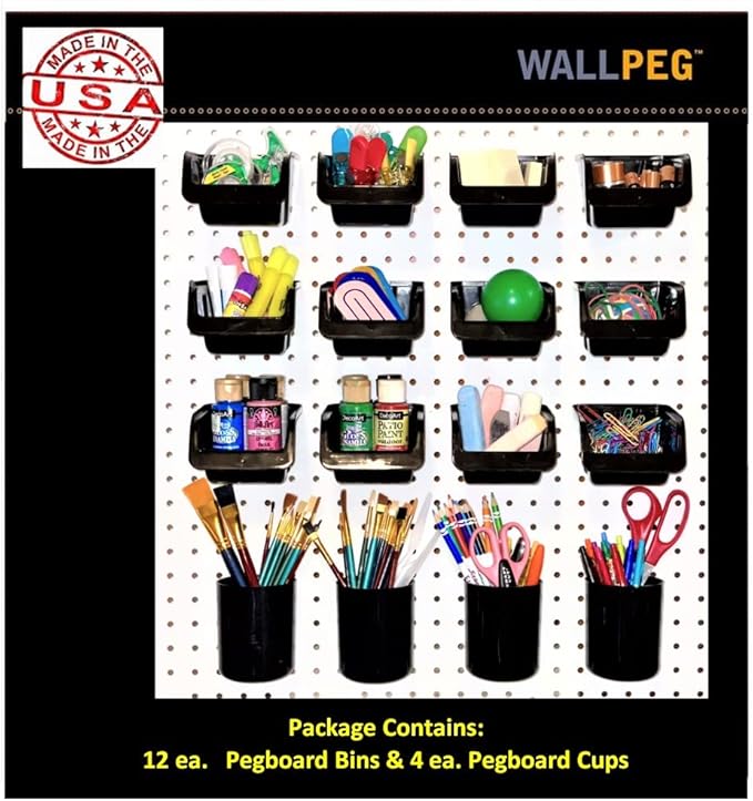 WallPeg Pegboard Bins & Cups - 12 Each 5" Bins and 4 Each 5" Cups - Hooks to Peg Board Panel Organize Hardware Arrange Accessories Workbench Tool Organizer Garage Storage -Made in USA-