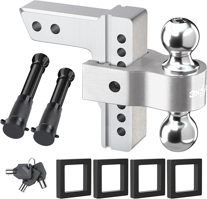 Adjustable Trailer Drop Hitch: 12,500 LBS GTW, 8" Drop Dual Ball for 2" and 2-5/16" - Fits 2 Inch Receiver, Heavy Duty Aluminum (Anti-Rattle) Silver