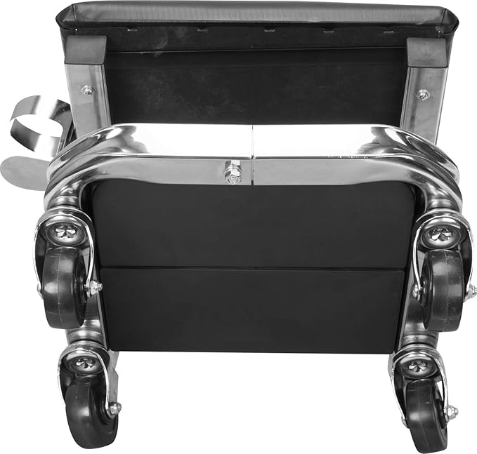 AR7451B Torin Heavy Duty Rolling Creeper Garage/Shop Seat: Padded Mechanic Stool with Tool Tray Storage and Cup Holder, Black