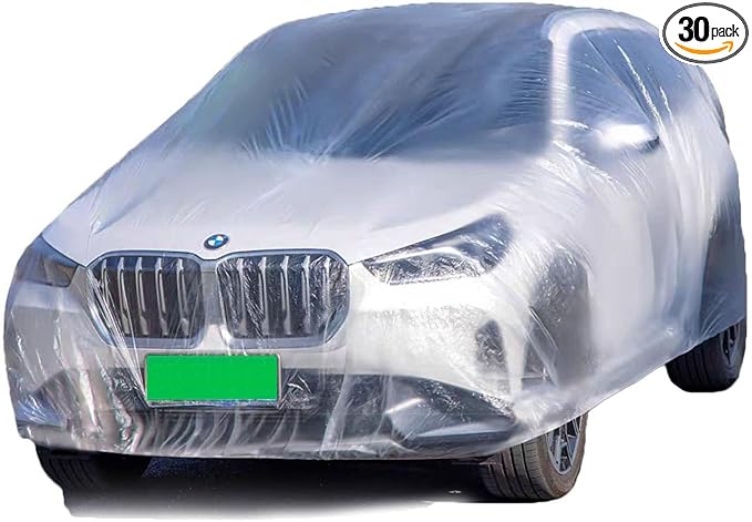 Car Essential Universal Disposable Clear Plastic Car Cover Suitable for SUV Sedan (Membrane Size：11.8ft x 21ft) with Elastic Band for Outdoor Snow Rain Weather，Individually Packaged, Super Convenient