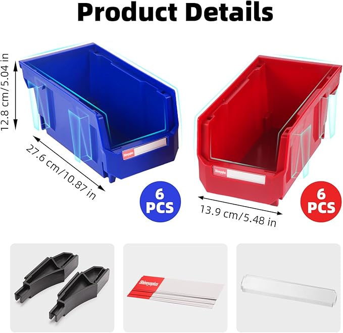 Stackable Storage Bins 12 Pack (7x5x4 Inch), Plastic Stackable Storage Organizer Bins Wall Mounted Hanging Small Parts Bin for Garage, Workbench & Office (Blue & Red)