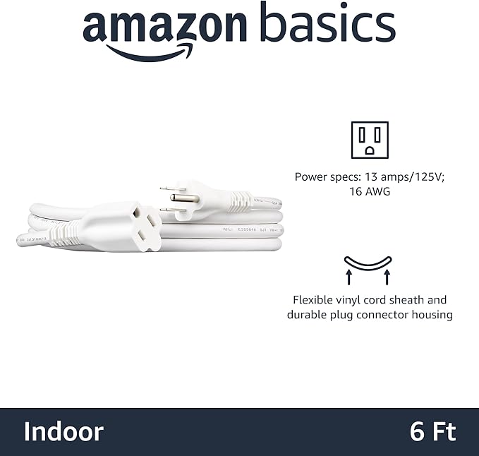Amazon Basics Extension Cord, 3 Prong Outlet Extender, Indoor, 13 Amps, 125V, 6 Ft, White