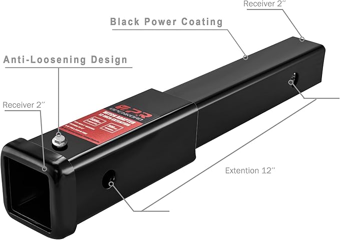 OPENROAD Trailer Hitch Extension，12 inch Hitch Extender Length for 2-inch Receiver Tube Extender,5000lbs GTW,500 lbs TW,Includes 5/8'' Hitch Pin