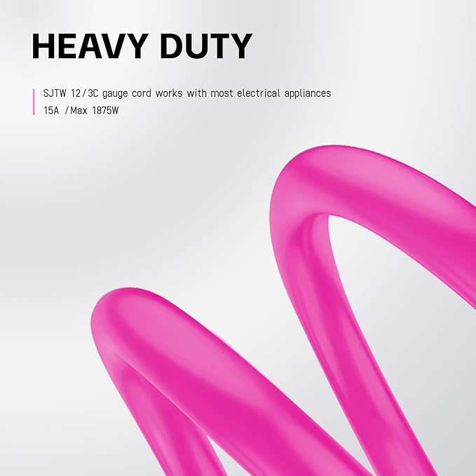 EP 6 Ft Outdoor Extension Cord with Lighted End, 12/3 Gauge SJTW Heavy Duty Extension Cable with 3 Prong Grounded Plug, 15AMP 1875W 12AWG, Pink, UL Listed