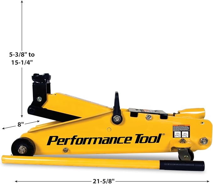 Performance Tool W1640 2-1/2 Ton Garage Jack, (5,000 lbs.) 5-15.5-Inch Lift, Swivel Casters, For Cars/Trucks