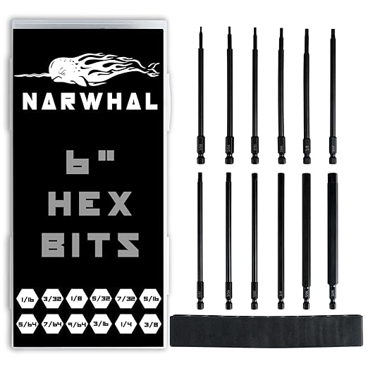 6" Long Allen Hex Bit Set (12 Pack of Drill Bits with Case) 6 Inch Allen Key Hex Bits in The Following SAE Sizes 1/16" 5/64", 3/32", 7/64", 1/8", 9/64", 5/32", 3/16", 7/32", 1/4", 5/16", 3/8