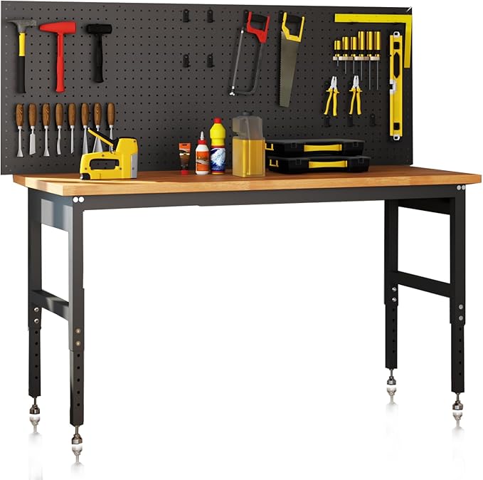 60 in Adjustable Workbench with Pegboard Wall,2200 LBS Garage Table, 28-40 in Height Tool Storage for DIY Projects