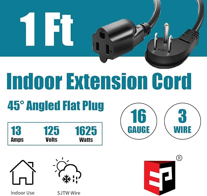 EP 3 Pack 1 Ft Flat Plug Extension Cord, 16 AWG 3 Prong Grounded Black Low Profile Extension Cable for Indoor