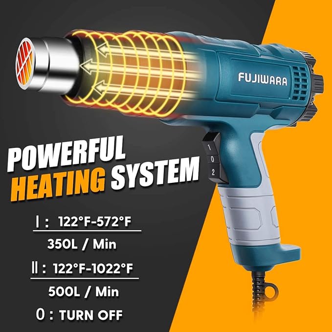Heat Gun Kit 2000W with Variable Temperature 5 Nozzles, Adjustable Hot Air Gun 122°F-1112°F Fast Heating for DIY Shrink PVC Tubing/Wrapping/Crafts, Stripping Paint(2000W Rear Cover Temp Adjust)