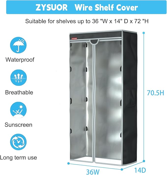 Rack & Shelf Cover for Storage Shelving, Waterproof & Dustproof Protector with Clear Zipper Front, Fits Wire Shelves 36" L x 14" D x 72" H (Cover Only)