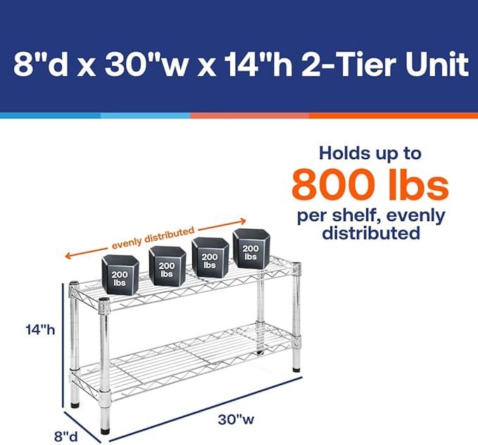 Shelving Inc. 8" d x 30" w Chrome Wire Shelving with 2 Tier Shelves, Weight Capacity 800lbs Per Shelf