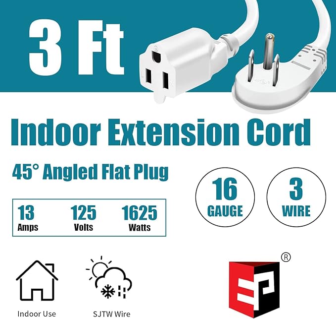 EP 2 Pack 3 Ft Flat Plug Extension Cord, 16 AWG 3 Prong Grounded White Low Profile Extension Cable for Indoor