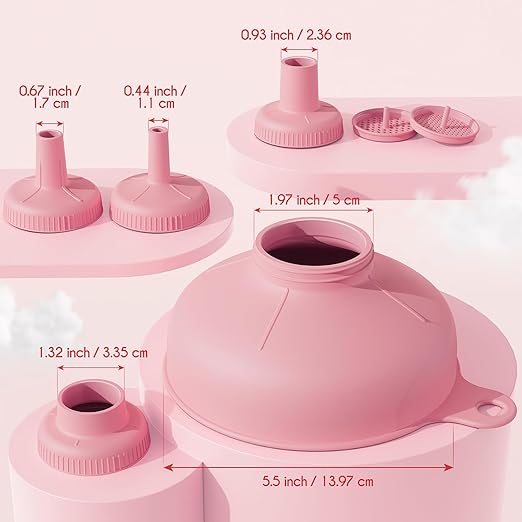 Pisol Wide Mouth Versatile Funnel, Canning Funnels for Kitchen Use, Food Grade Plastic Cooking Funnel Set with 4 Size Spouts and 2 Strainers for Filling Different Bottles and Bags, Pink