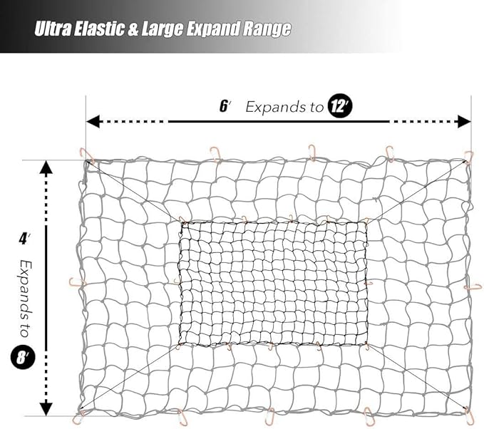 CZC AUTO Bungee Cargo Net 4x6Ft Truck Bed Net Stretches to 8x12Ft for Pickup Trailer RV SUV Boat |4Inch x 4Inch Mesh Net Holds Small and Large|12 Tangle Free Carabiners|Super Duty