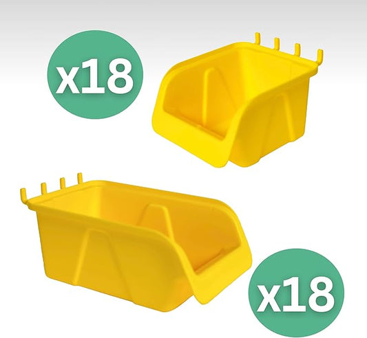 WALLPEG 36 Pack Pegboard Bin Kit – 18 Medium & 18 Large Yellow Peg Board Storage Bins | Parts Organizer for Garage, Workshop, Craft Room, Office & Workbench | Pegboard Accessory Organier | MADE IN USA