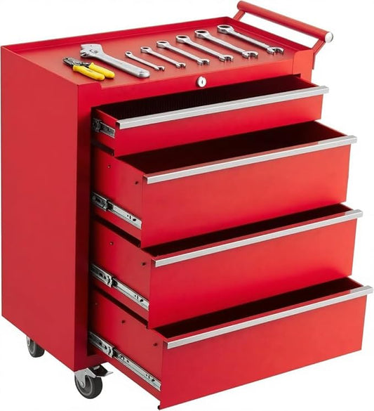 Rolling Tool Box with Wheels, 4 Drawer Tool Storage Cabinet, Portable Toolbox Organizer with Lock, Heavy Duty Tool Chest Cart for Garage, Mechanic, Workshop, Shop, Mobile Tool Organizer, Red