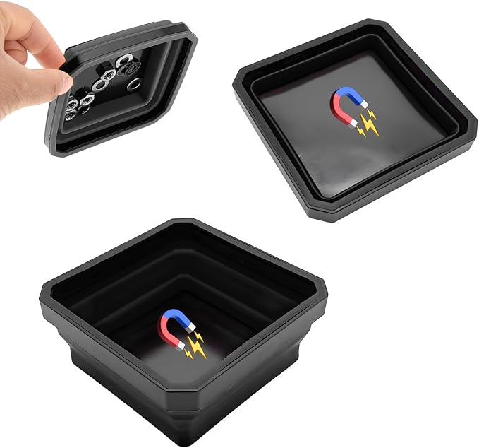 Collapsible Magnetic Parts Tray, 4.5 Inch Foldable Magnetic Square Silicone Tray, Tool Tray Set with Double-Sided Magnetic Base for Screw Bolts Nuts Pins, Car Accessories (Black+Black, 2PCS)