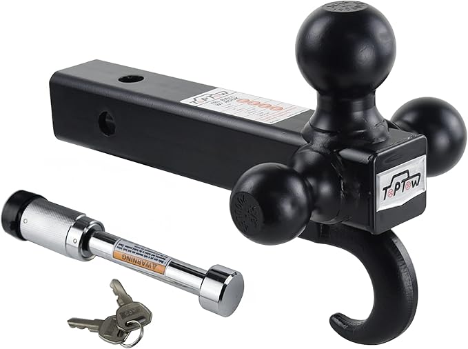 TOPTOW Trailer Hitch Tri-Ball Mount with Hook, Black Balls, with Lock, Fits for 2 inch Receiver
