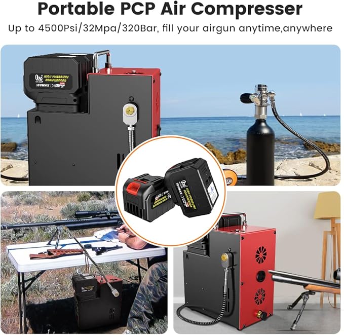 GX PUMP PCP Air Compressor L3 4500Psi/320Bar/32Mpa,PCP Compressor with Dual 18V Lithium Batteries,Set Pressure & Auto-Shutoff,Paintaball Air Compressor Built-in Oil-Water Separator&Cooling Fan