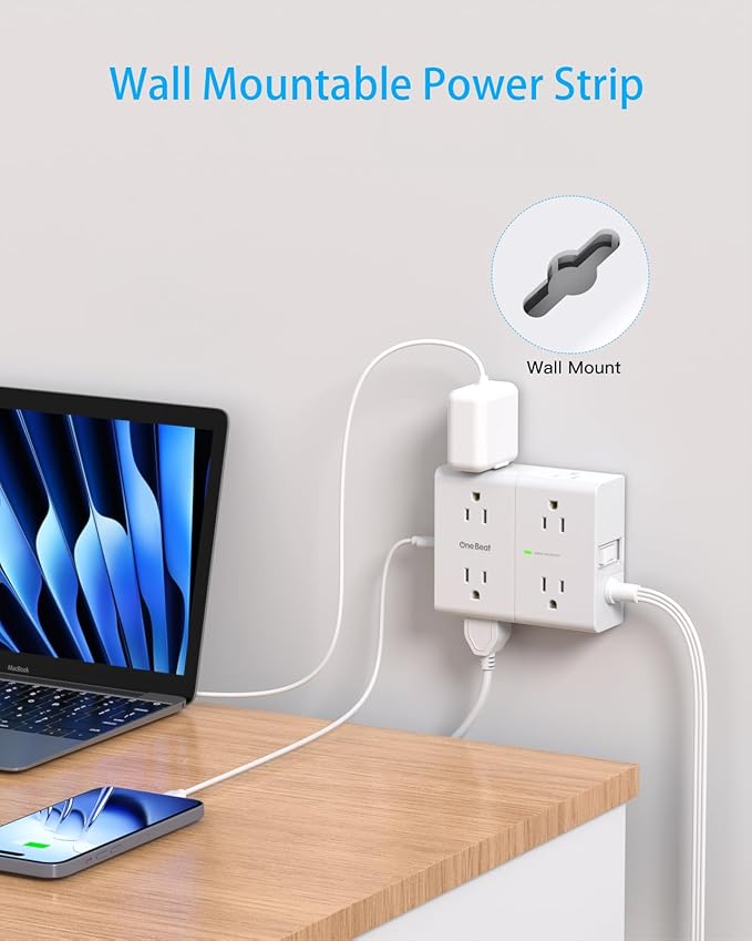 6Ft Extension Cord with Multiple Outlets, Flat Plug Surge Protector Power Strip 6 Ft Long Cord, 8 Outlets & 4 USB Ports (2 USB C), Desk Charging Station for Home Office, College Dorm Room Essentials