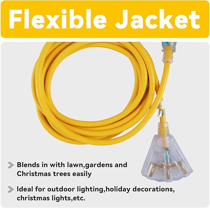 EP 20 Ft 12 Gauge Heavy Duty Extension Cord, 15A 125V 1875W, 3 Outlet Indoor/Outdoor Power Cord with Lighted End, 12/3 SJTW Weatherproof Yellow