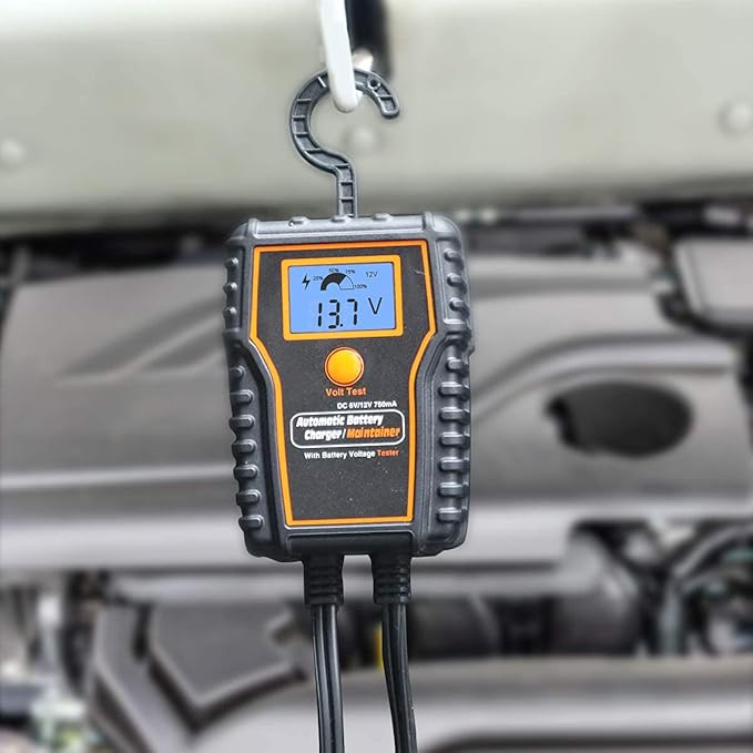 Automotic Battery Trickle Charger Maintainer 12 Volt 750mA Battery Float Charger Maintainer with LCD Float Charging for Motorcycle ATV Lawn Mower Car Boat