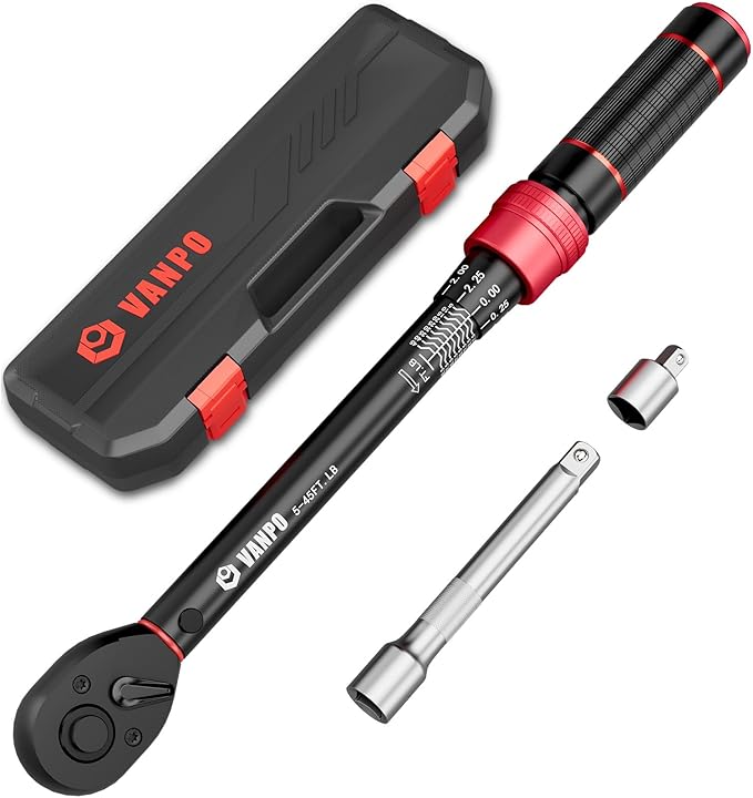 VANPO 3/8-inch Drive Click Torque Wrench, 5-45 Ft-Lb/6.8-61Nm, ±3% Accuracy, Dual-Direction, 72 Tooth, Aluminum Adjustable Torque Wrench for Bike, Motorcycle, Car Spark