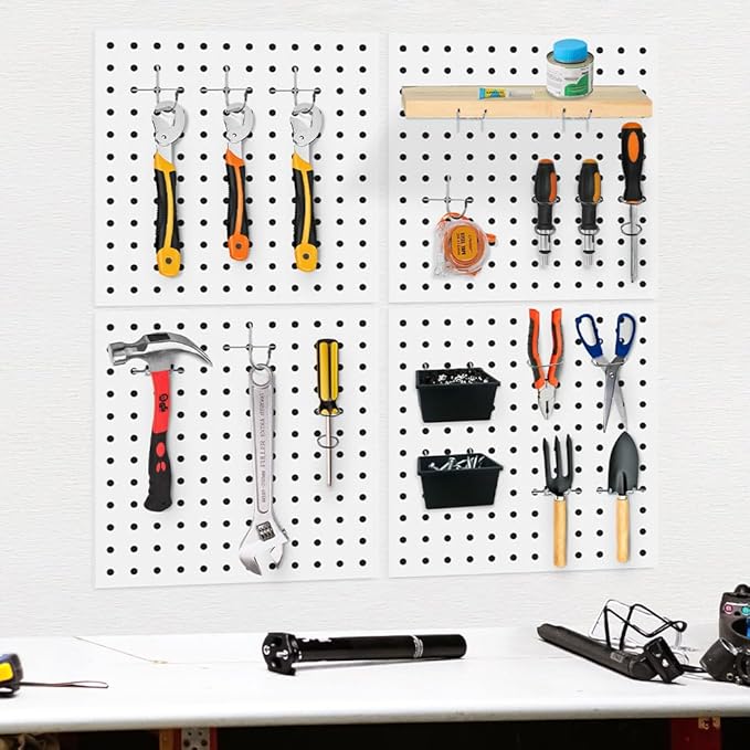 4PCS Pegboard,Metal PegBoard, Peg Board Wall Organizer, Pegboard Storage System for Workbench, Shop, Shed Modular Peg Board Organizer Board Kit