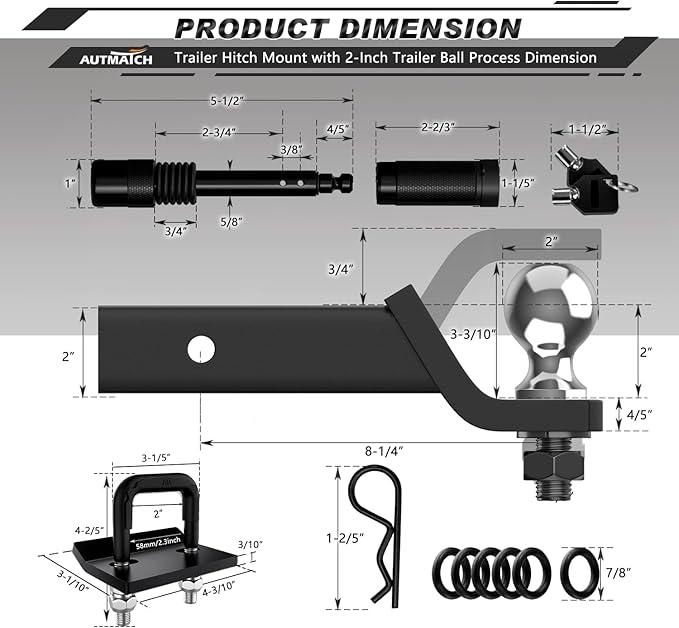 AUTMATCH Trailer Hitch Ball Mount with 2 Inch Hitch Ball - Fits 2" Receiver with Hitch Tightener, 8000Lbs Capacity Ball Hitch, 2-Inch Drop with 5/8" Hitch Lock Pin, Matte Black