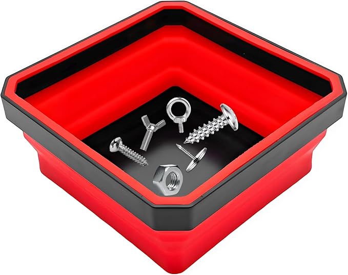 Collapsible Magnetic Parts Tray, 4.5" Square Silicone Metal Parts Organizer Double-Sided Magnet Bowl, Foldable Magnetic Tool Trays for Screws Bolts Nuts Washers Pins (Red)