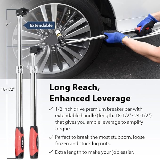 FIRSTINFO F32242D 1/2-Inch Drive Premium Breaker Bar with Ratchet Adapter, 24-1/2 Inch Length Extended Leverage, 230 Degrees Flexible Head