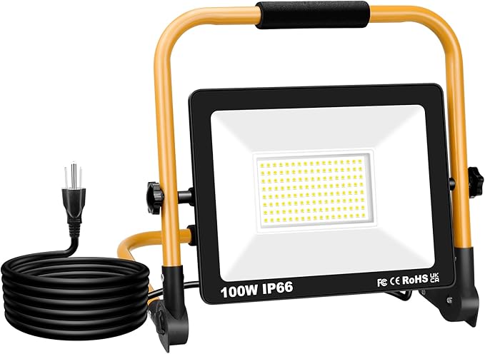 Willpower Portable LED Work Light 100W Job Site Light 10000LM IP66 Waterproof Construction Floodlights Outdoor with Stand 6000K Daylight White for Camping Workshop Garage with 3.5m Wire Plug