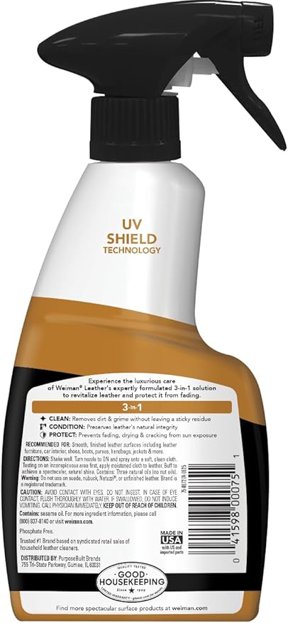 Weiman Leather Cleaner and Conditioner for Furniture - 12 Ounce - 2 Pack - Ultra Violet Protection Help Prevent Cracking or Fading of Leather Couches, Car Seats, Shoes, Purses