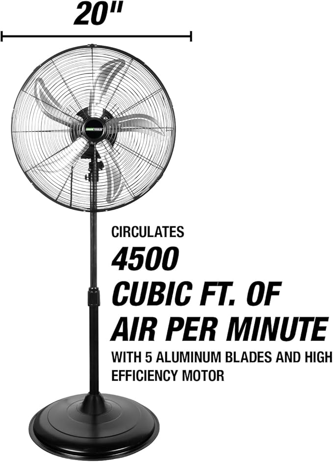OEMTOOLS OEM24871 20" Oscillating Pedestal Fan, Adjustable Height for Garage, Shop, Gym, Warehouse 4500 CFM Airflow, 3-Speed Enclosed Motor, 5 Aluminum Blades, Dust-Resistant Industrial Purpose
