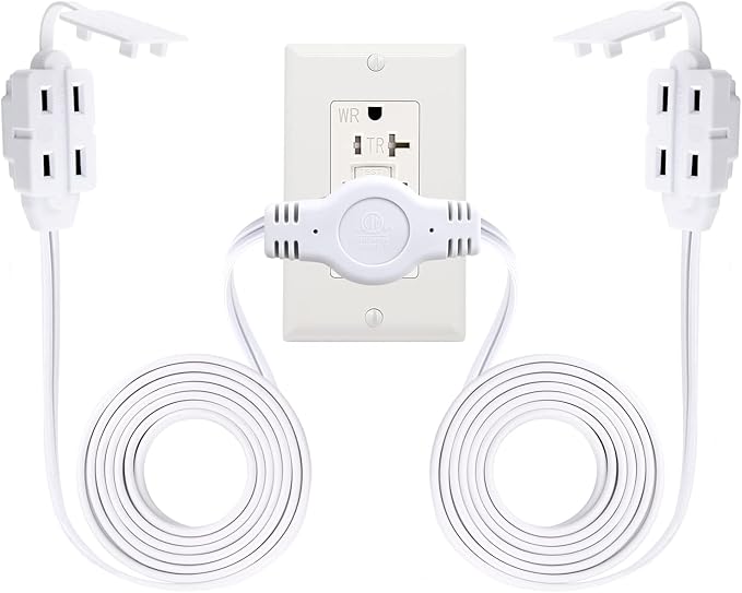 K KASONIC 12 Feet Twin Extension Cord Power Strip, 6 Feet on Each Side, Flat Head Outlet Plug,6 Polarized Outlets with Safety Cover, Double Extension Cord Splitter for Indoor Use, ETL Listed, White