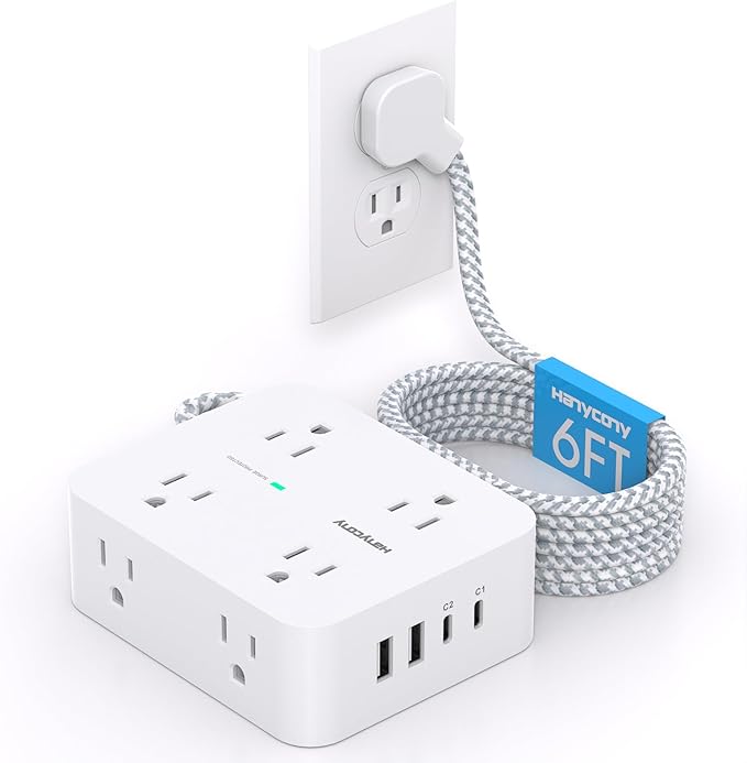 PD 30W USB C Power Strip Surge Protecor, HANYCONY 8 Outlets 4 USB(2 USB C Ports), 1080J Desk Charging Station for Multiple Devices, 6 Ft Flat Plug Extension Cord for College Dorm Room Essentials