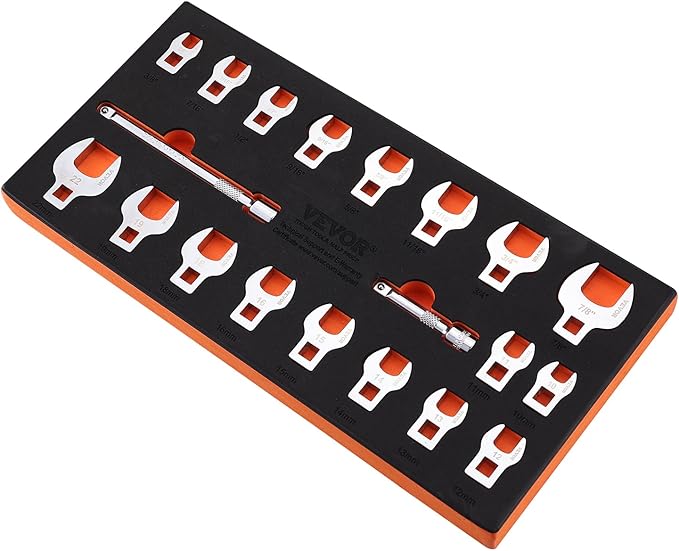 VEVOR Crowfoot Wrench Set, 3/8" Drive 20-Piece Crows Foot Wrench Set with 2 Extension Bars and EVA Tool Organizer,40CR Material with Mirror Chrome Finish, SAE 3/8"-7/8" and Metric 10-22 mm
